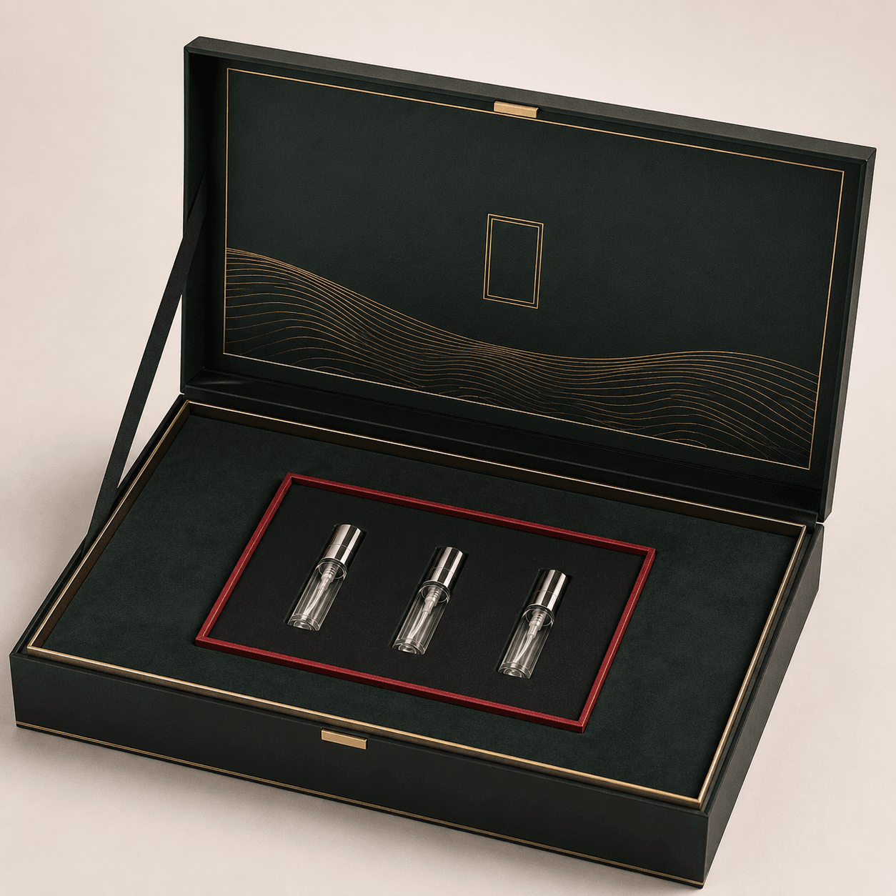 Gift presentation box with three fragrance sample vials